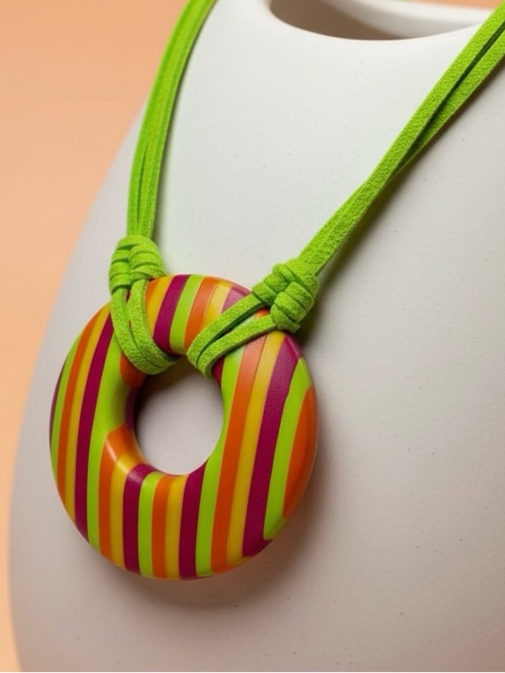 Handmade Rainbow Striped Large Round Polymer Clay Large Pendant Necklace on Cord